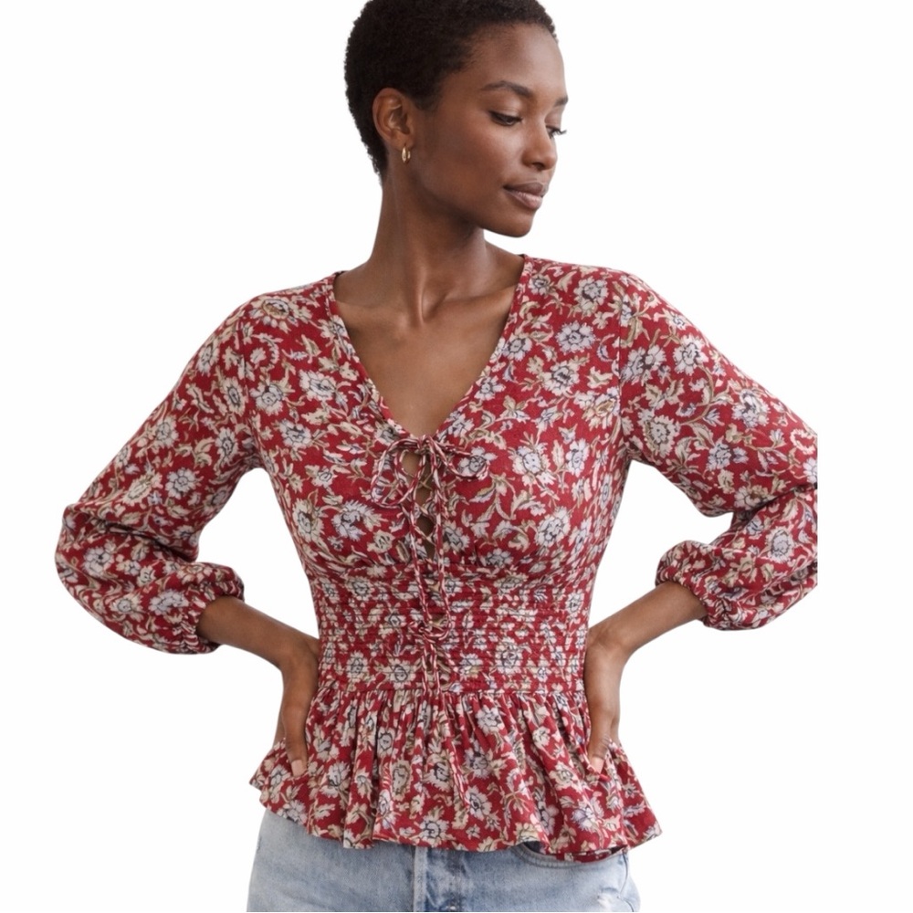 Anthropologie EUC Feather Bone Floral Lace-Up Peplum Blouse Red Size 4